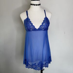 FREDERICKS OF HOLLYWOOD Blue Lace Sheer Babydoll Slip Dress Chemise Set Fairy M